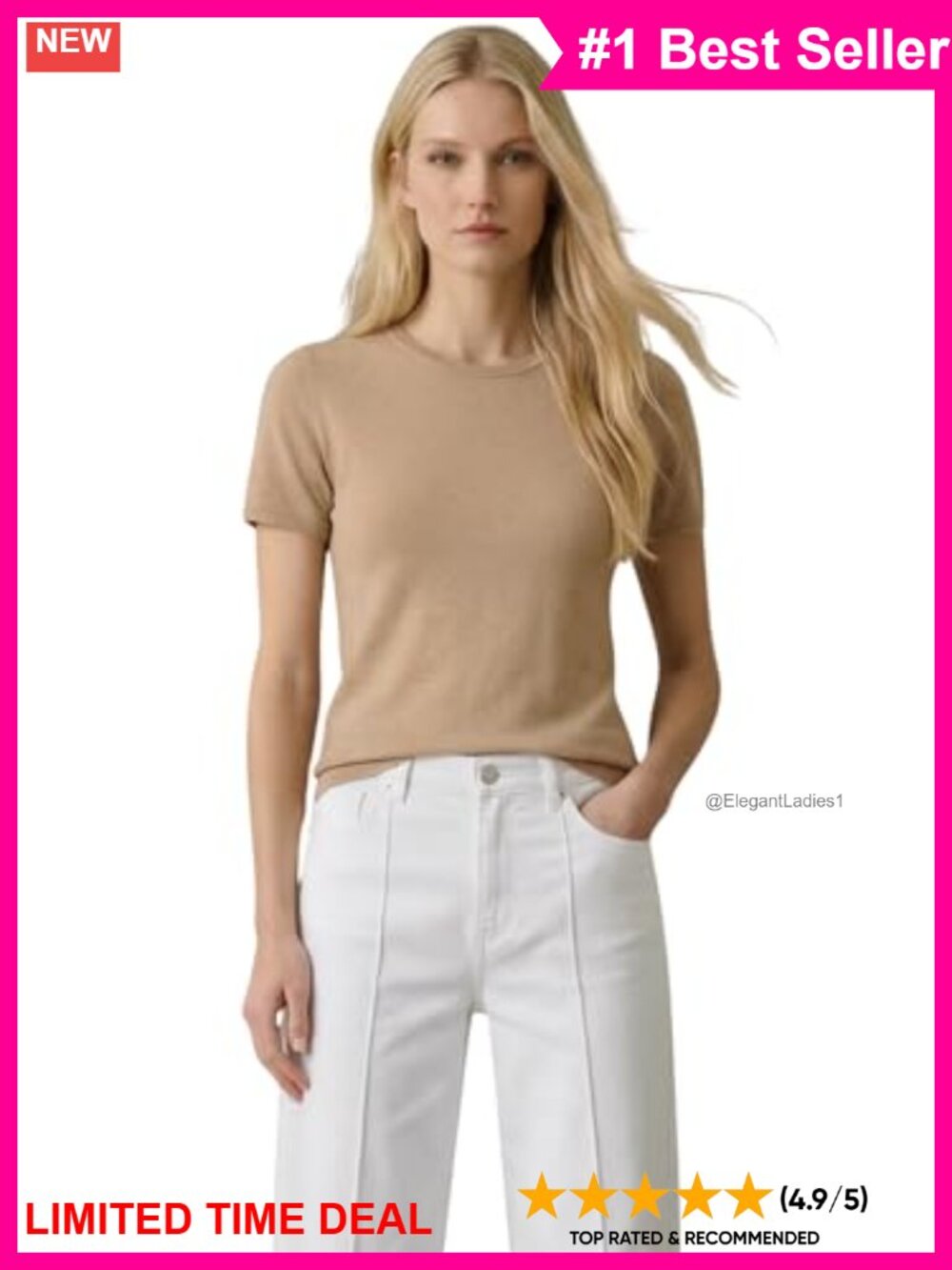 100% Cashmere Short Sleeve Crewneck Pullover Sweater Machine Washable